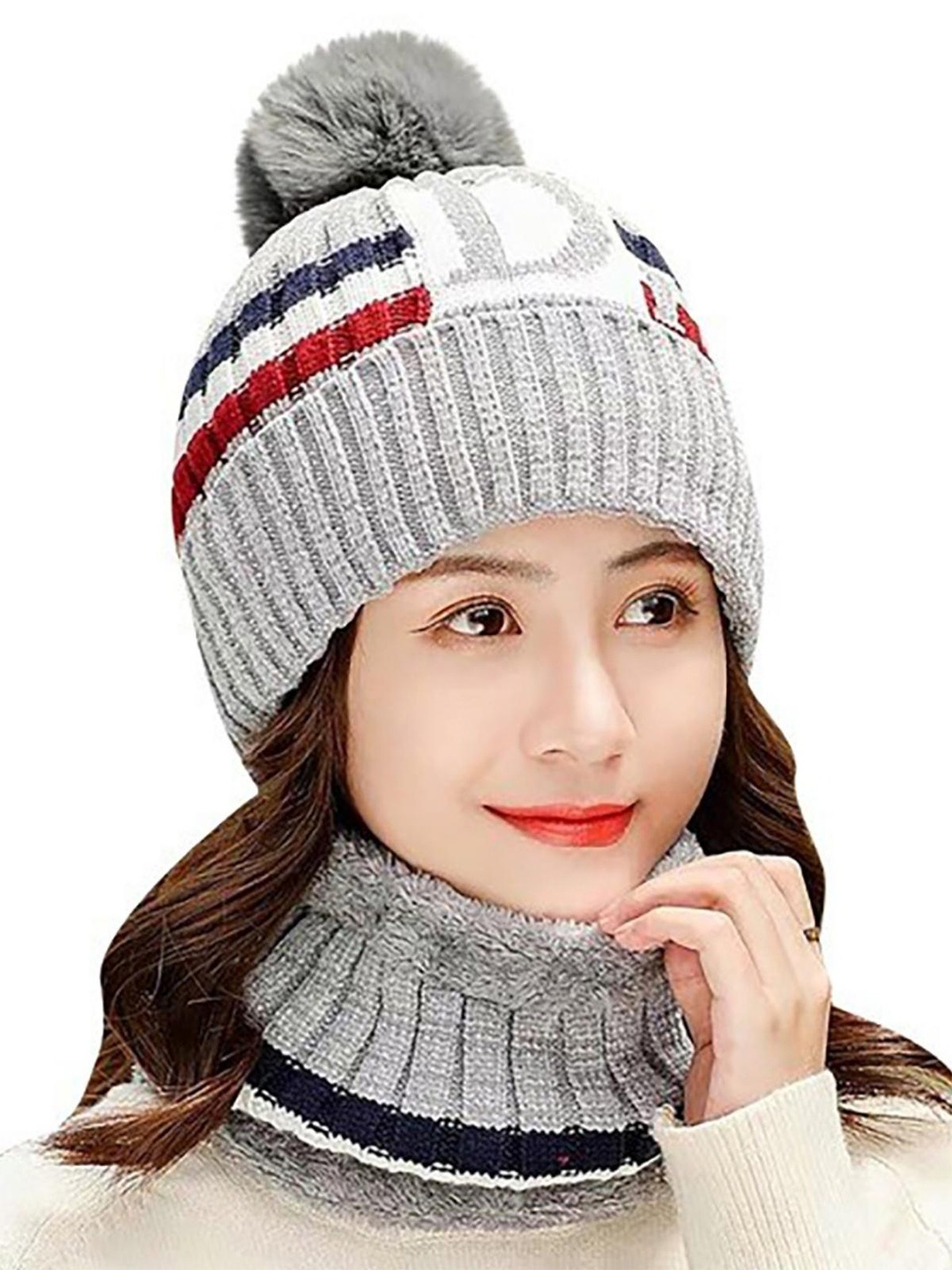 

YOUSTYLO Adults Grey & White Printed Woolen Winter Pompom Balaclava Cap