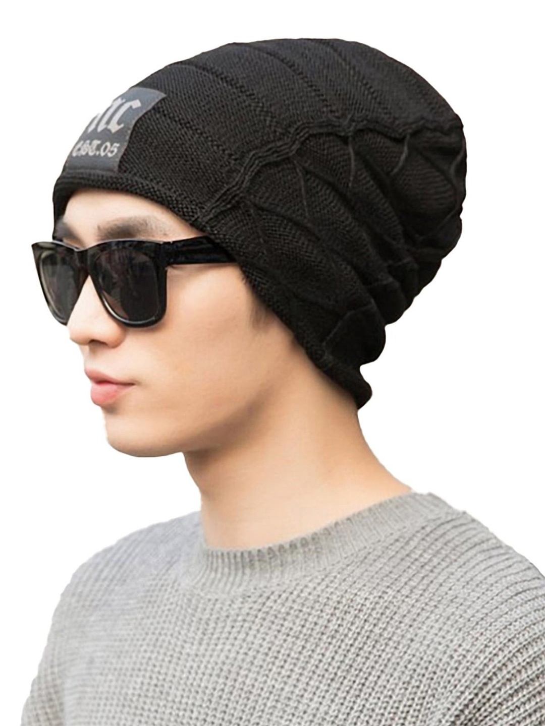 

YOUSTYLO Adults Black Self Design Woolen Winter Beanie Cap