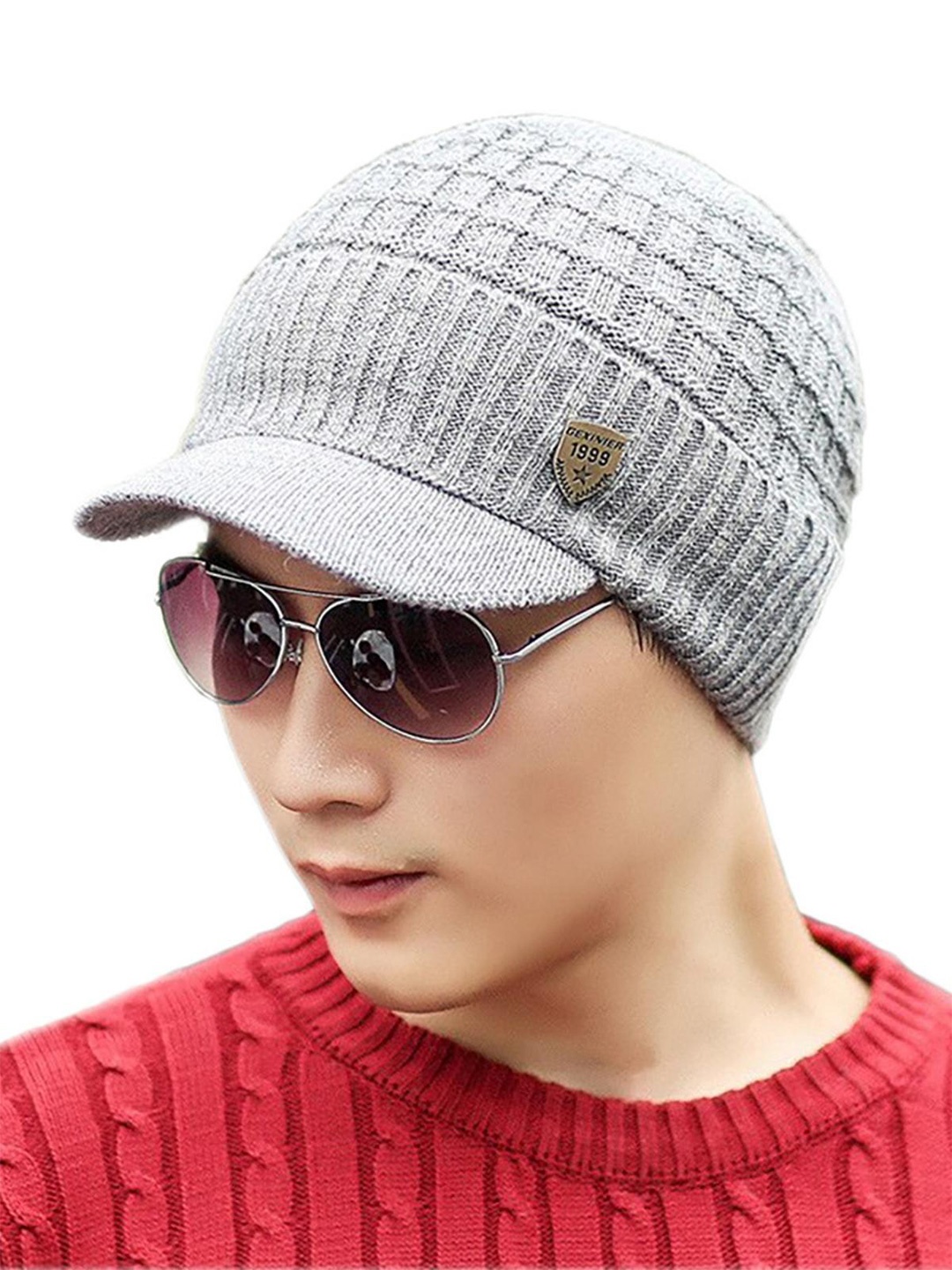 

YOUSTYLO Adults Grey Self Design Woolen Winter Visor Cap