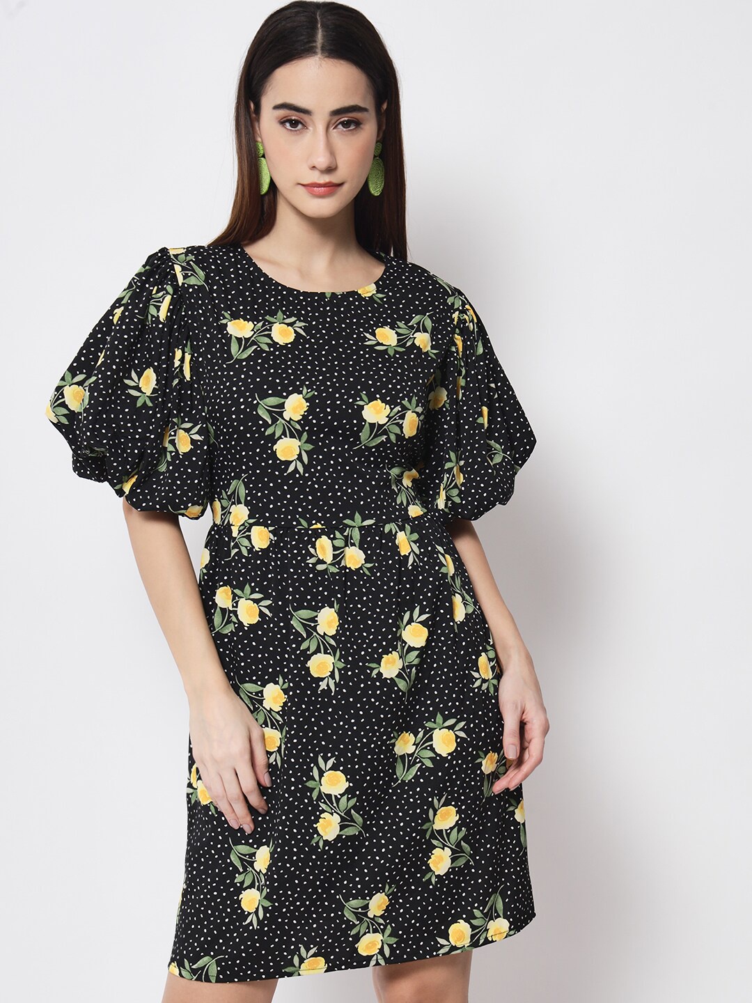 

VELDRESS Women Black & Yellow Floral Printed A-Line Dress