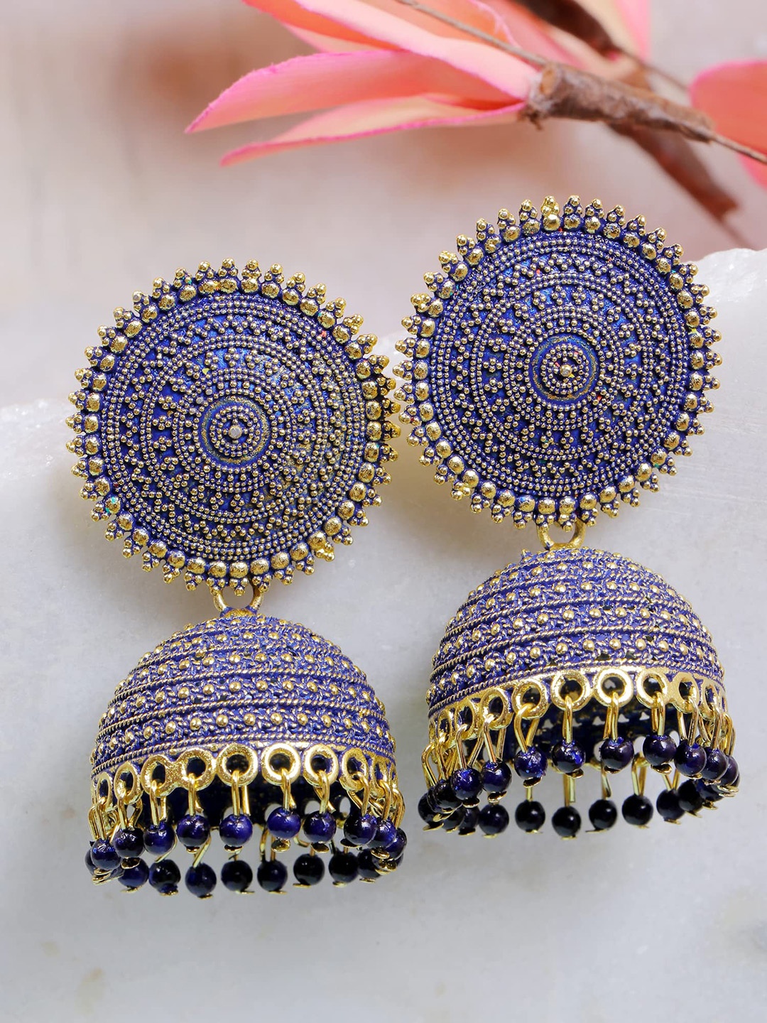 

Krelin Blue & Gold-Toned Dome Shaped Jhumkas Earrings