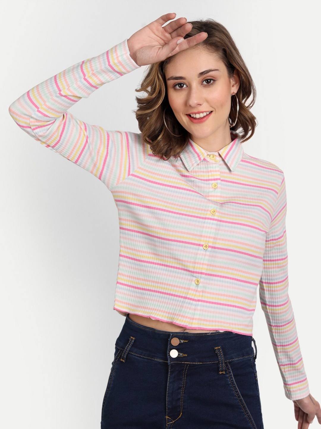 

CHARMGAL Women White & Pink Striped Pure Cotton Shirt Style Crop Top