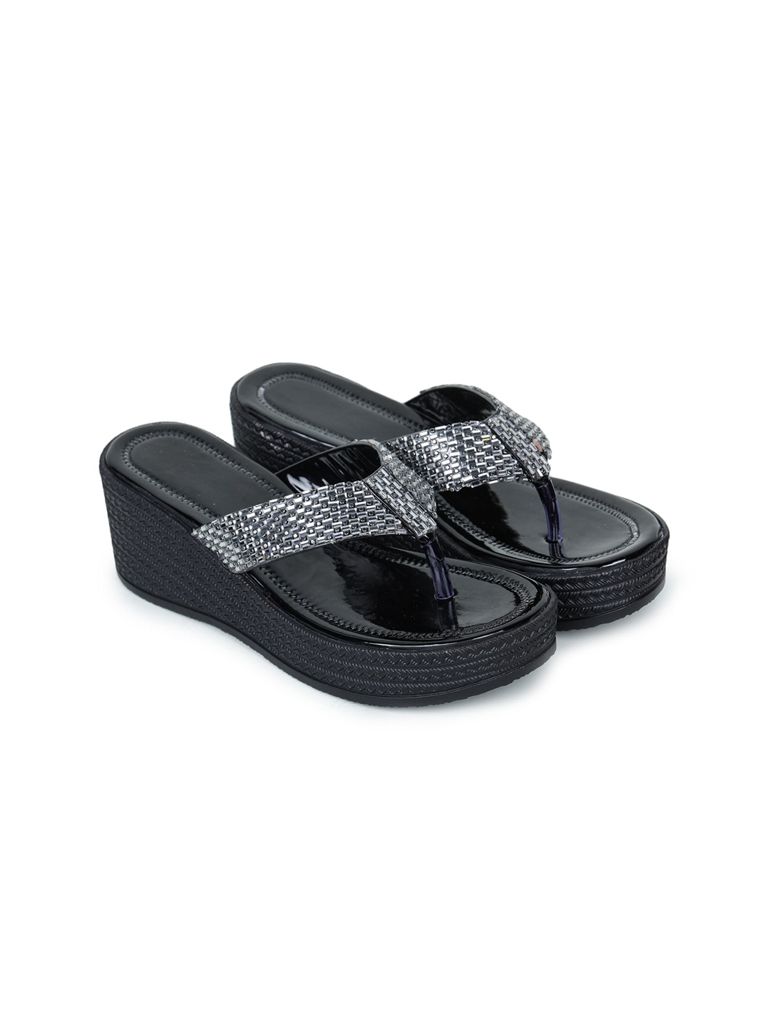 

H3F Black Embellished Ethnic Wedge Sandals