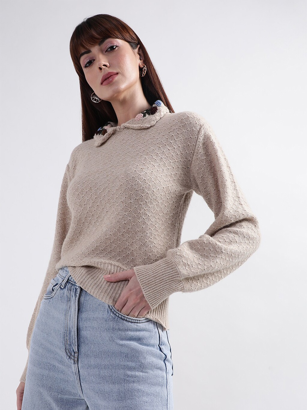 

ROOTED Women Beige Pullover with Embroidered Detail