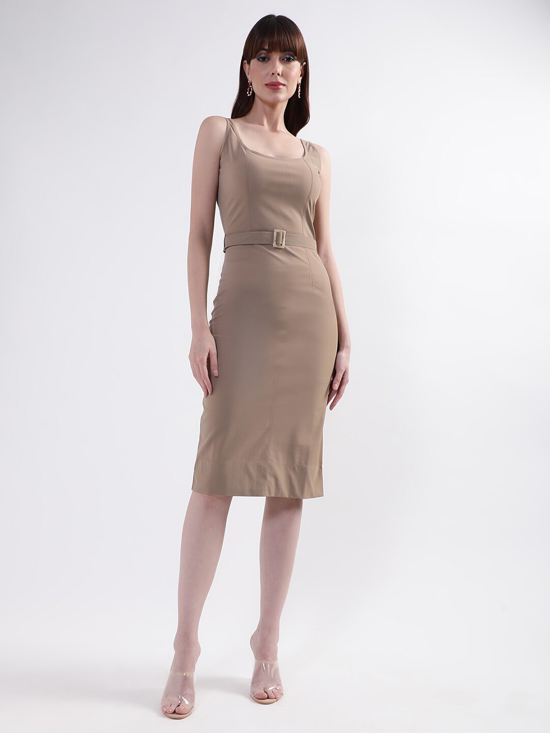 

CENTRESTAGE Women Cream Solid Sleeveless Sheath Midi Dress
