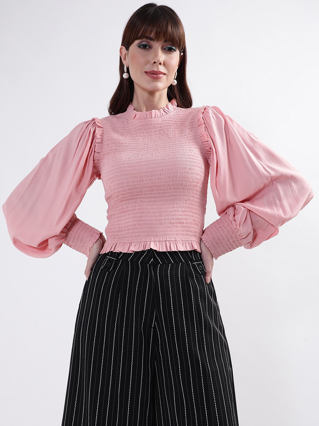 

CENTRESTAGE Pink Solid Smocked Detail Top