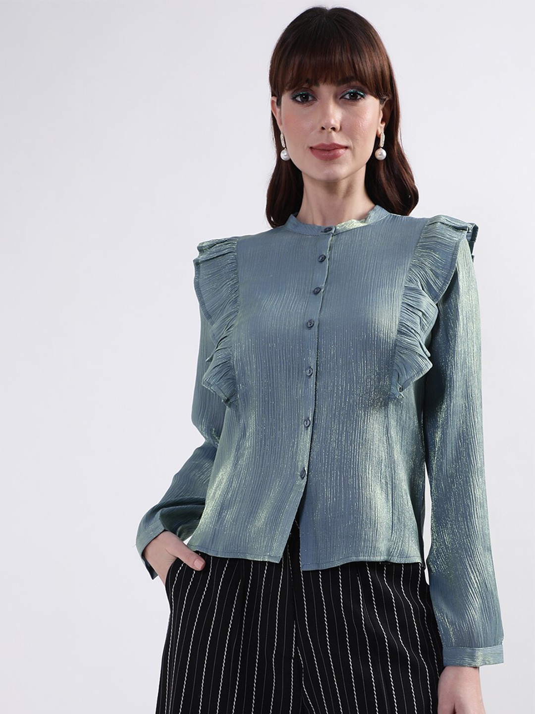 

CENTRESTAGE Women Blue Solid Mandarin Collar Shirt Style Top