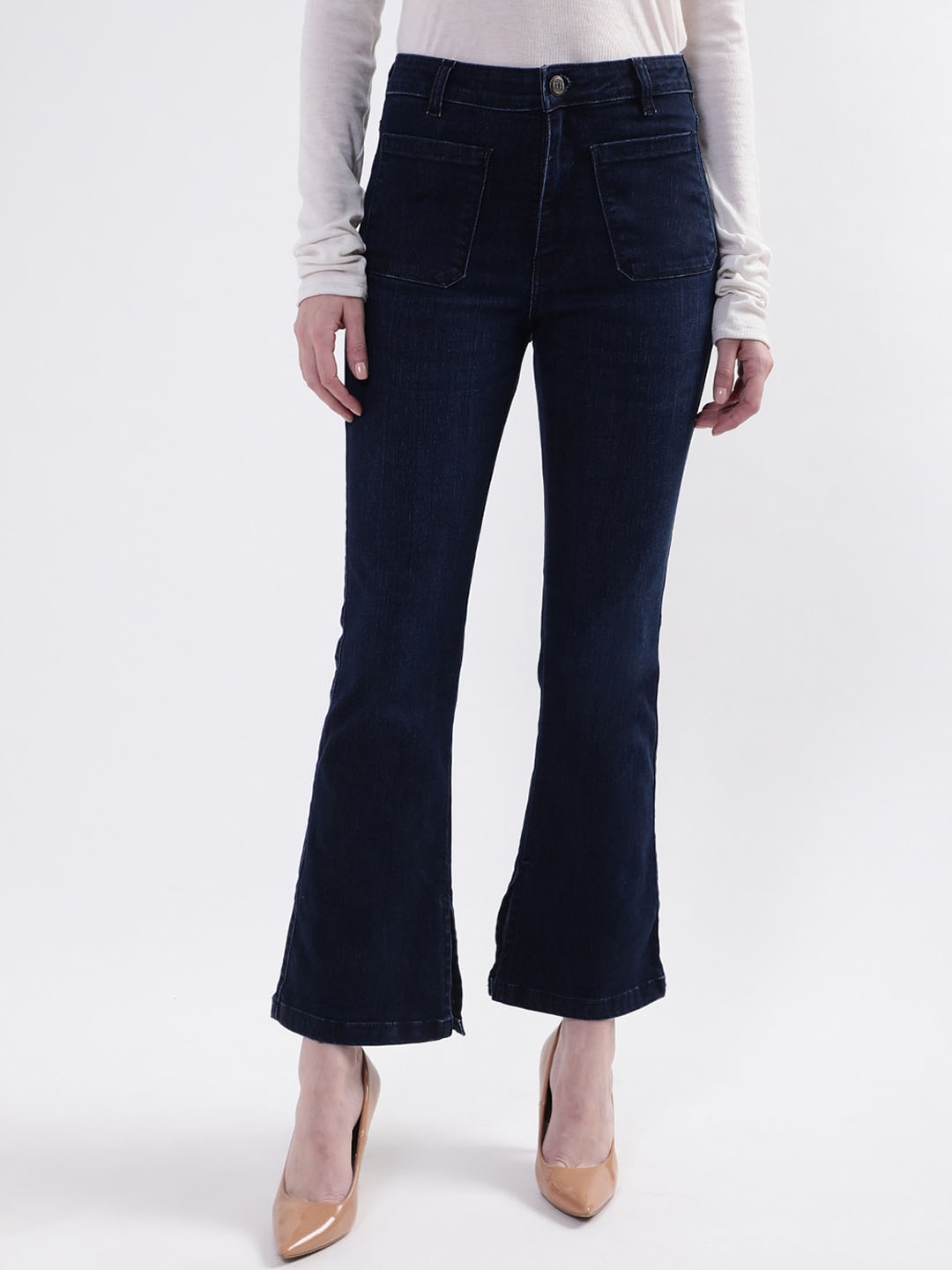 

ELLE Women Navy Blue Bootcut High-Rise Cotton Jeans
