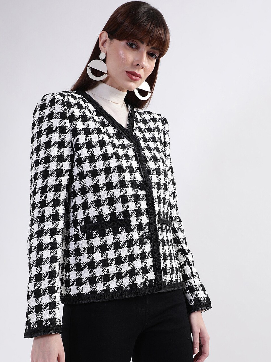 

ELLE Women Black White Checked Tailored Jacket