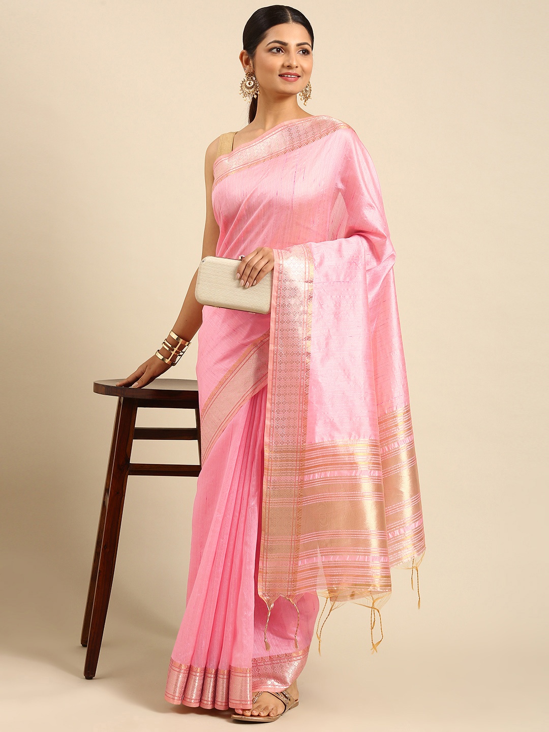 

VISHNU WEAVES Pink Woven Design Zari Silk Blend Tussar Saree