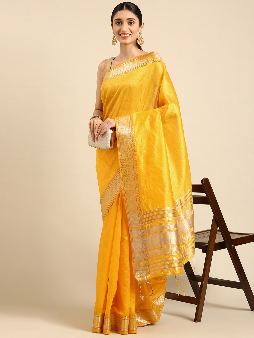 

VISHNU WEAVES Yellow Zari Silk Blend Tussar Saree