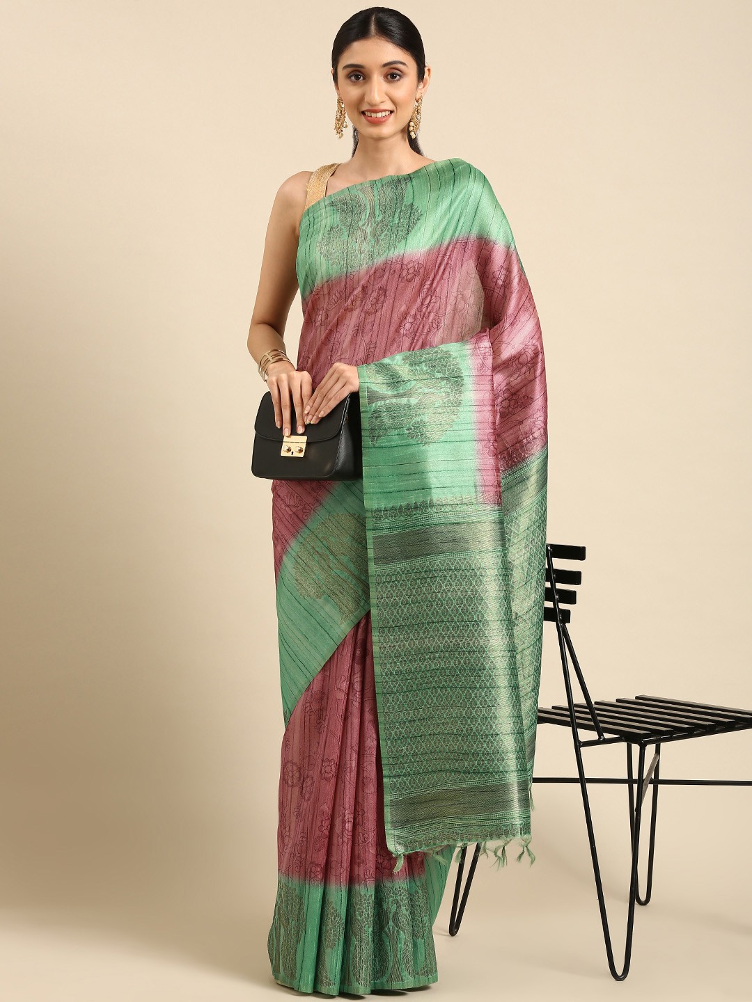 

VISHNU WEAVES Pink & Green Kalamkari Jute Silk Tussar Saree