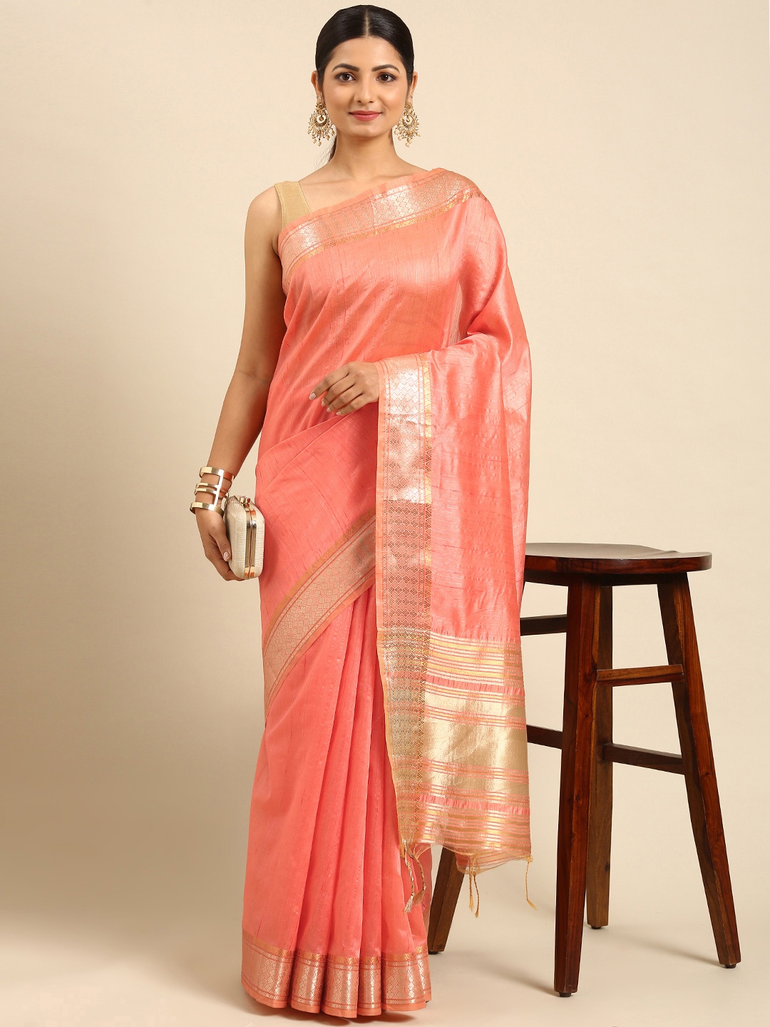 

VISHNU WEAVES Orange Woven Design Zari Silk Blend Tussar Saree