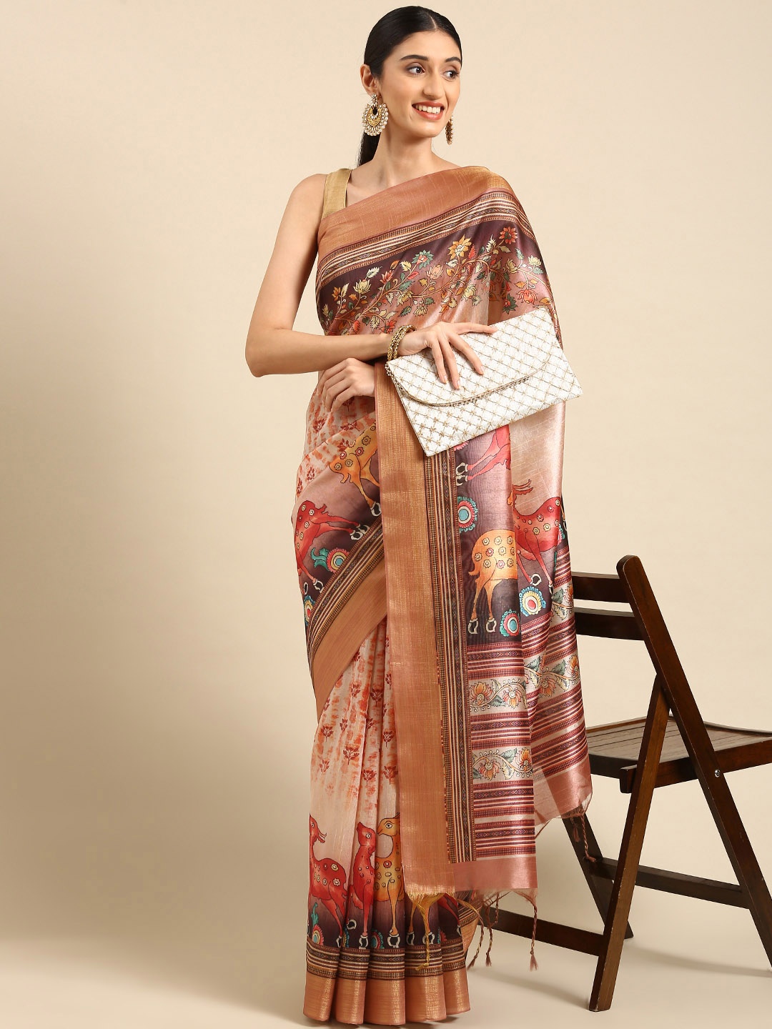 

VISHNU WEAVES Pink & Brown Kalamkari Print Jute Silk Tussar Saree