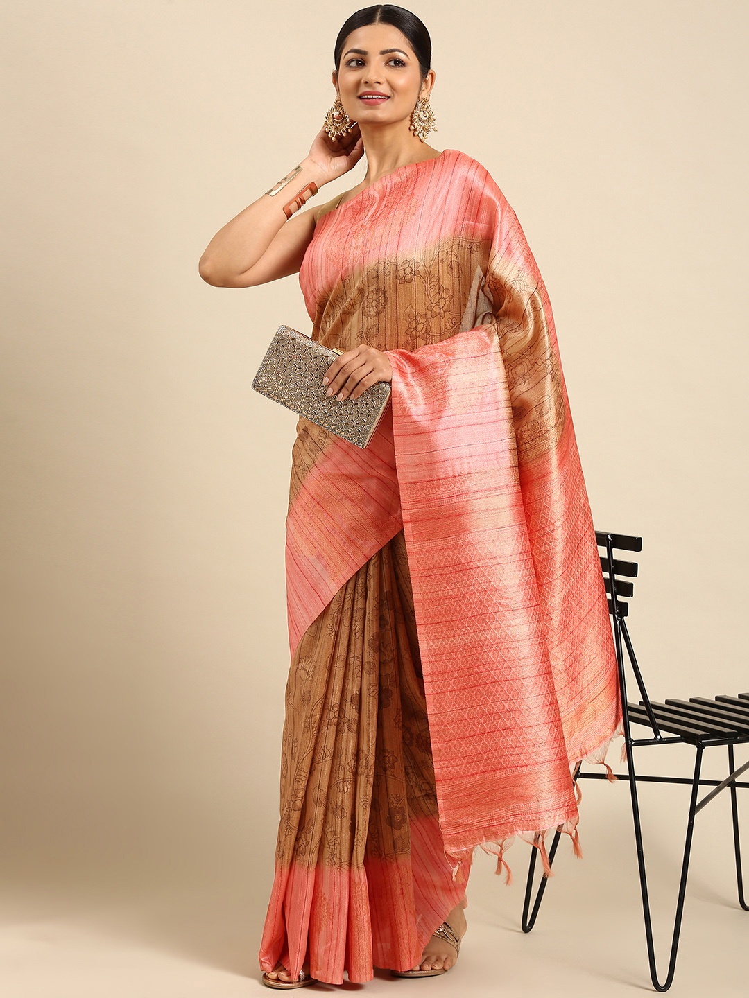 

VISHNU WEAVES Brown & Pink Kalamkari Jute Silk Tussar Saree
