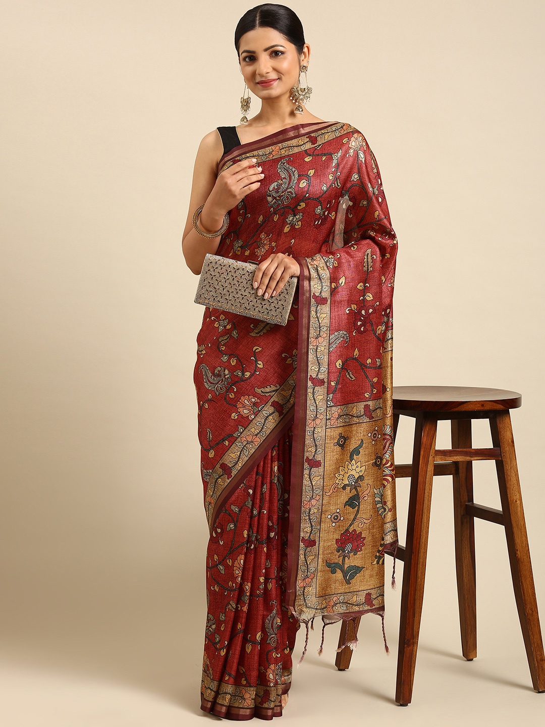 

VISHNU WEAVES Red Kalamkari Printed Tussar Saree