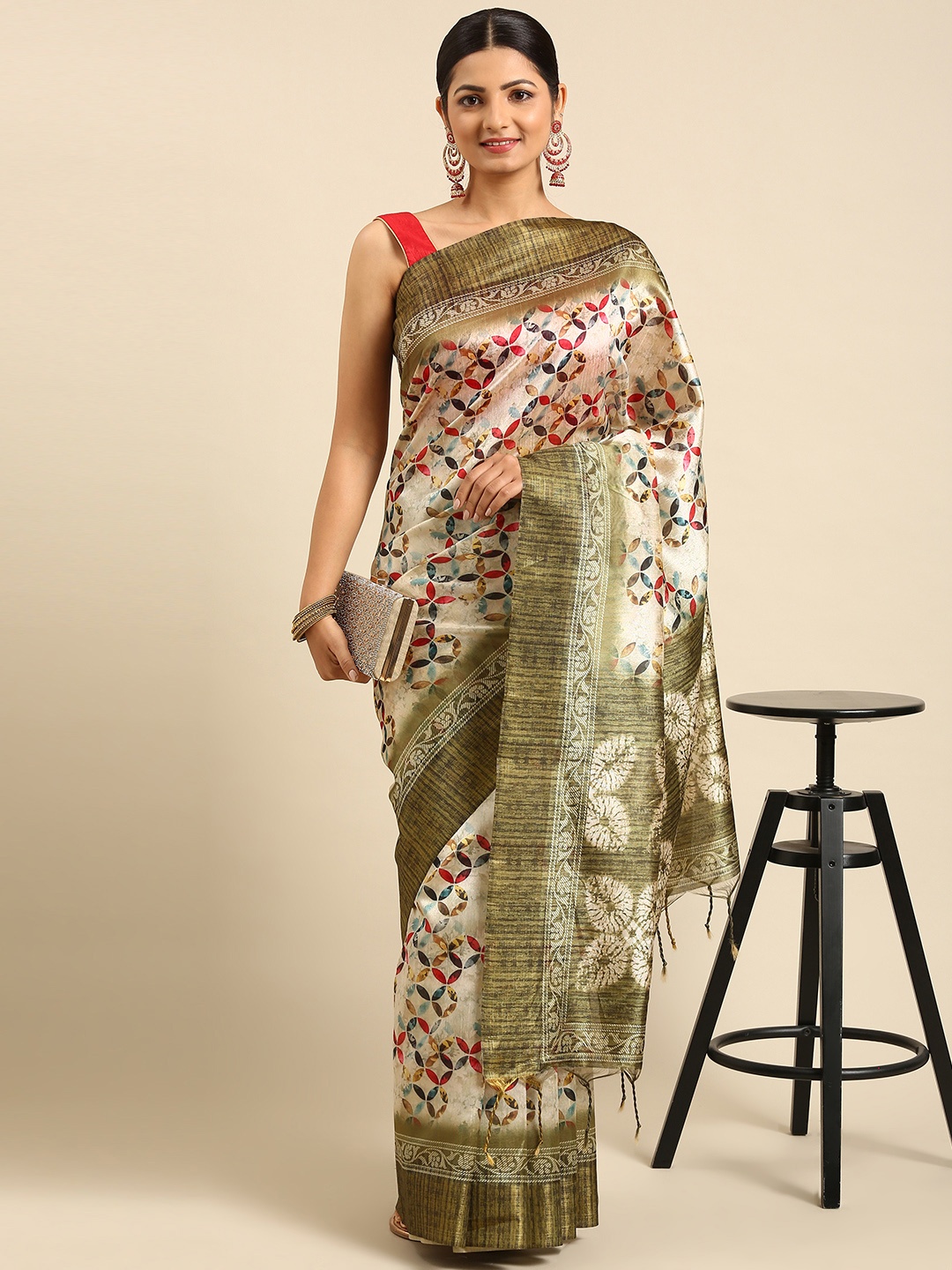 

VISHNU WEAVES Olive Green Geometric Printed Tussar Saree