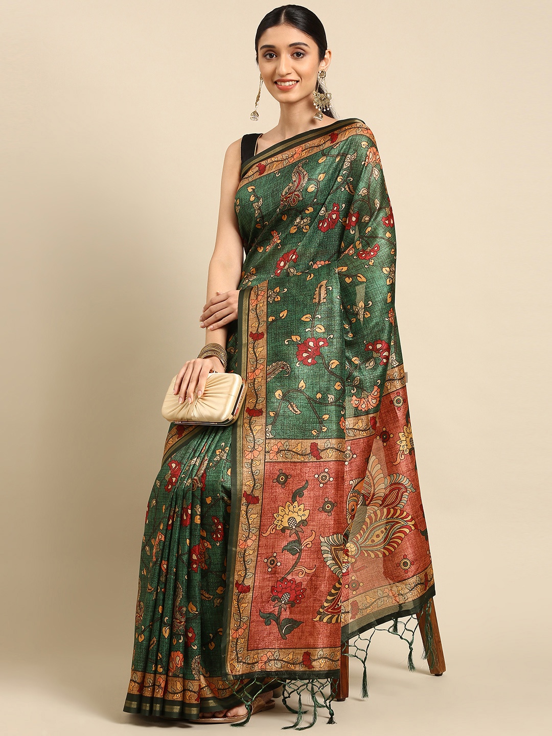 

VISHNU WEAVES Green Kalamkari Tussar Saree