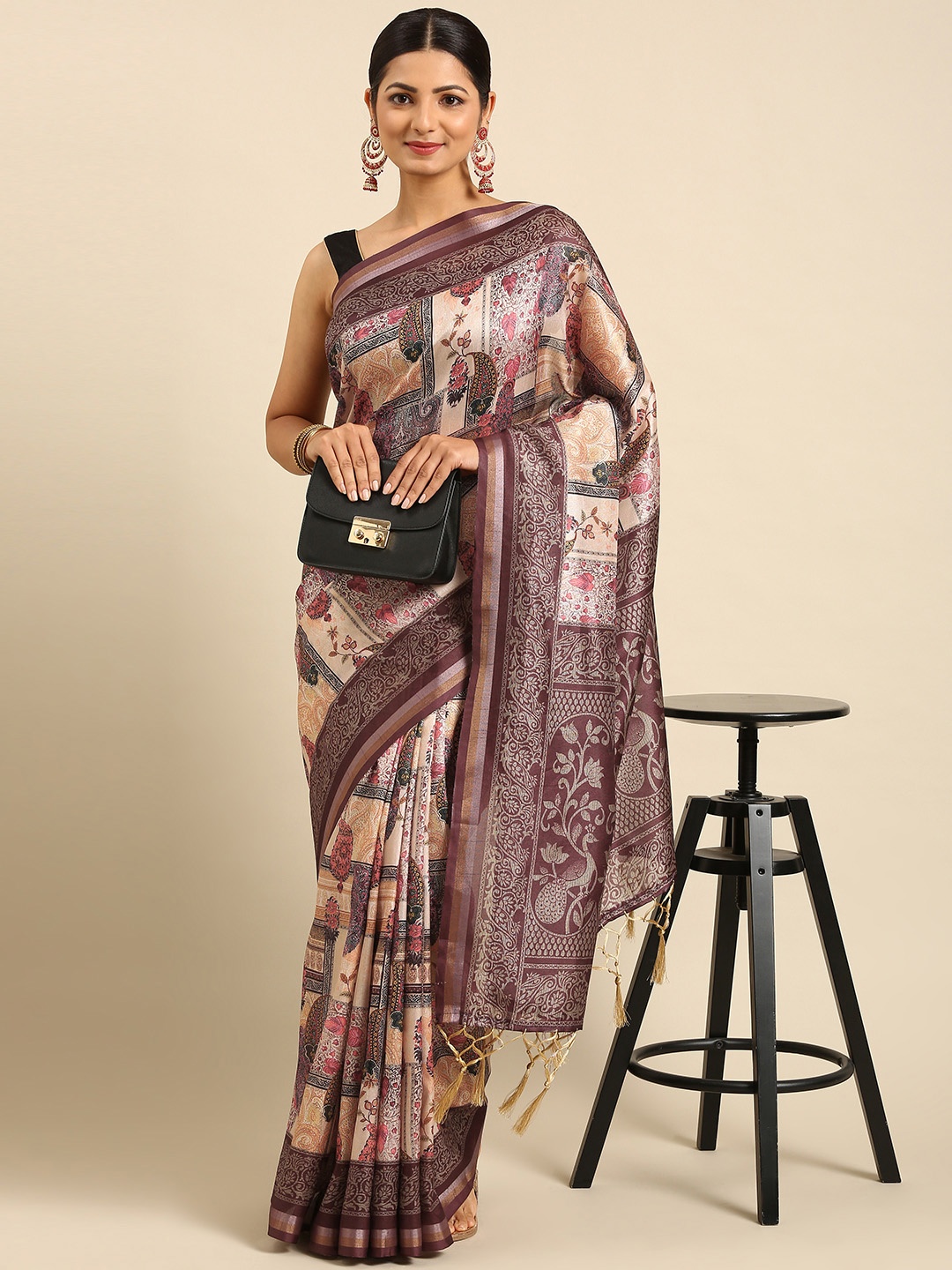 

VISHNU WEAVES Multicoloured Kalamkari Print Silk Cotton Tussar Saree, Multi