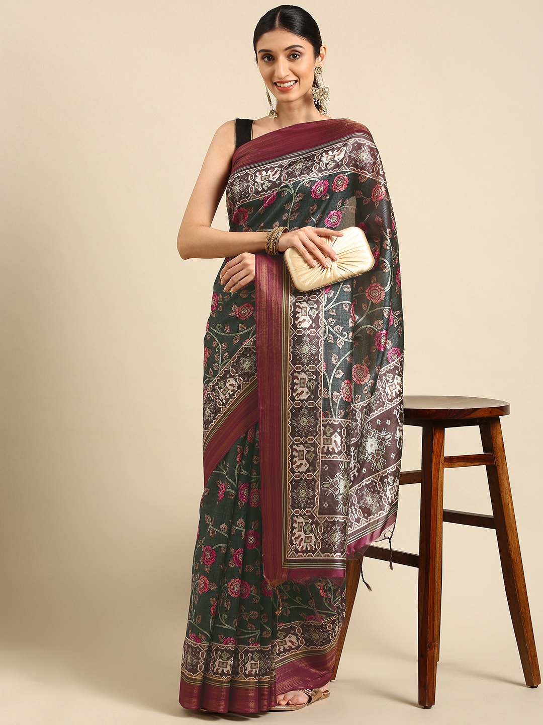 

VISHNU WEAVES Teal & Beige Kalamkari Jute Silk Tussar Saree