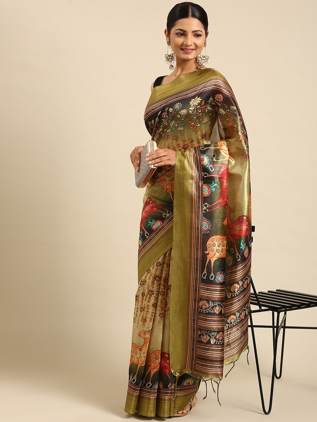 

VISHNU WEAVES Lime Green & Olive Green Kalamkari Jute Silk Tussar Saree