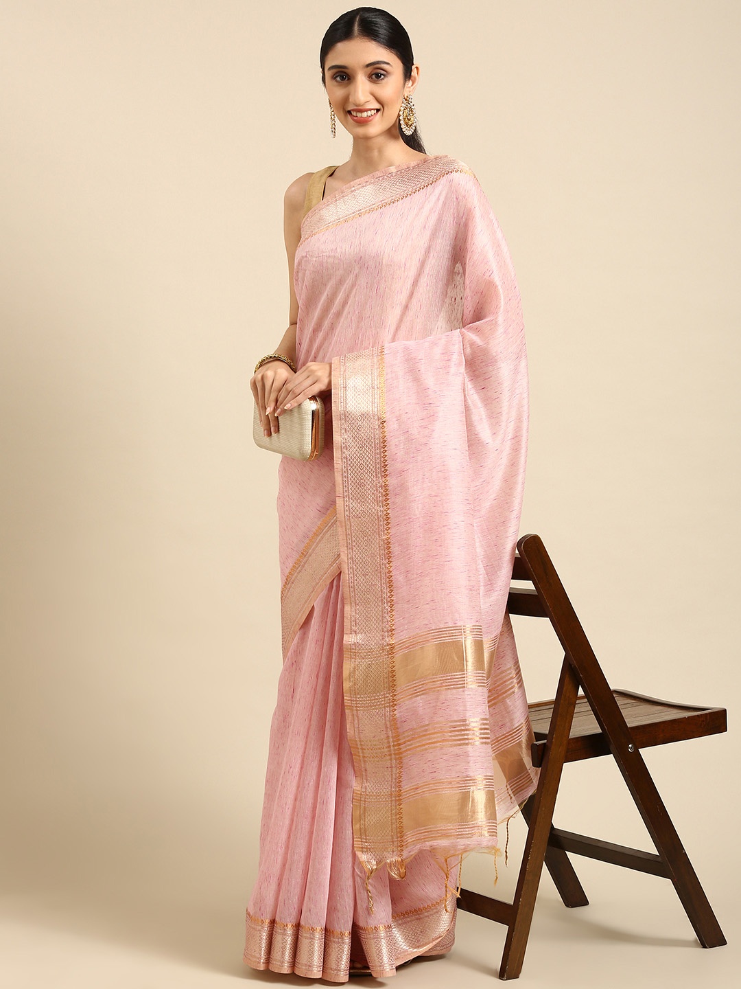 

VISHNU WEAVES Pink Zari Jute Cotton Maheshwari Saree