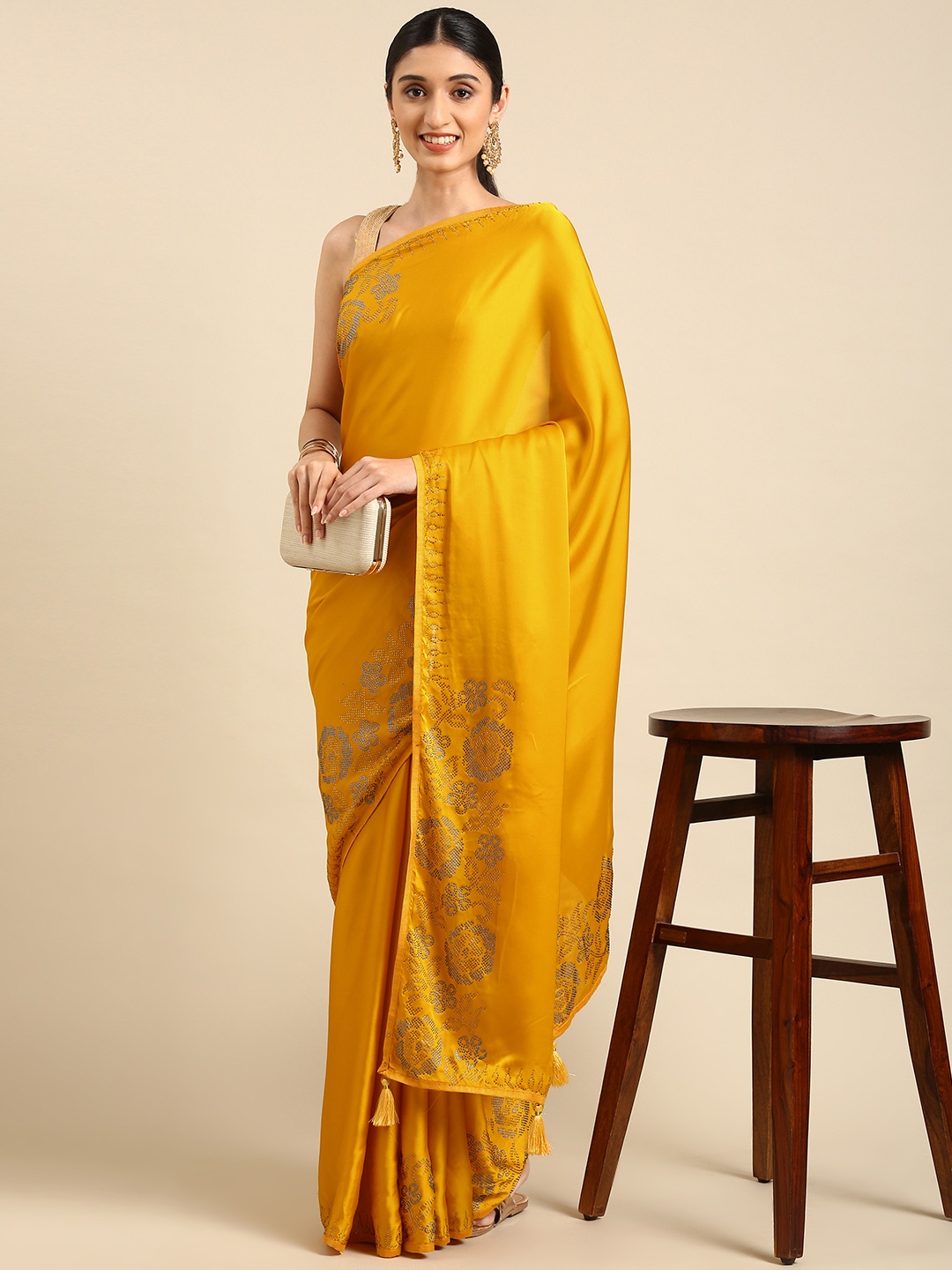 

VISHNU WEAVES Mustard Yellow Solid Satin Silk Saree