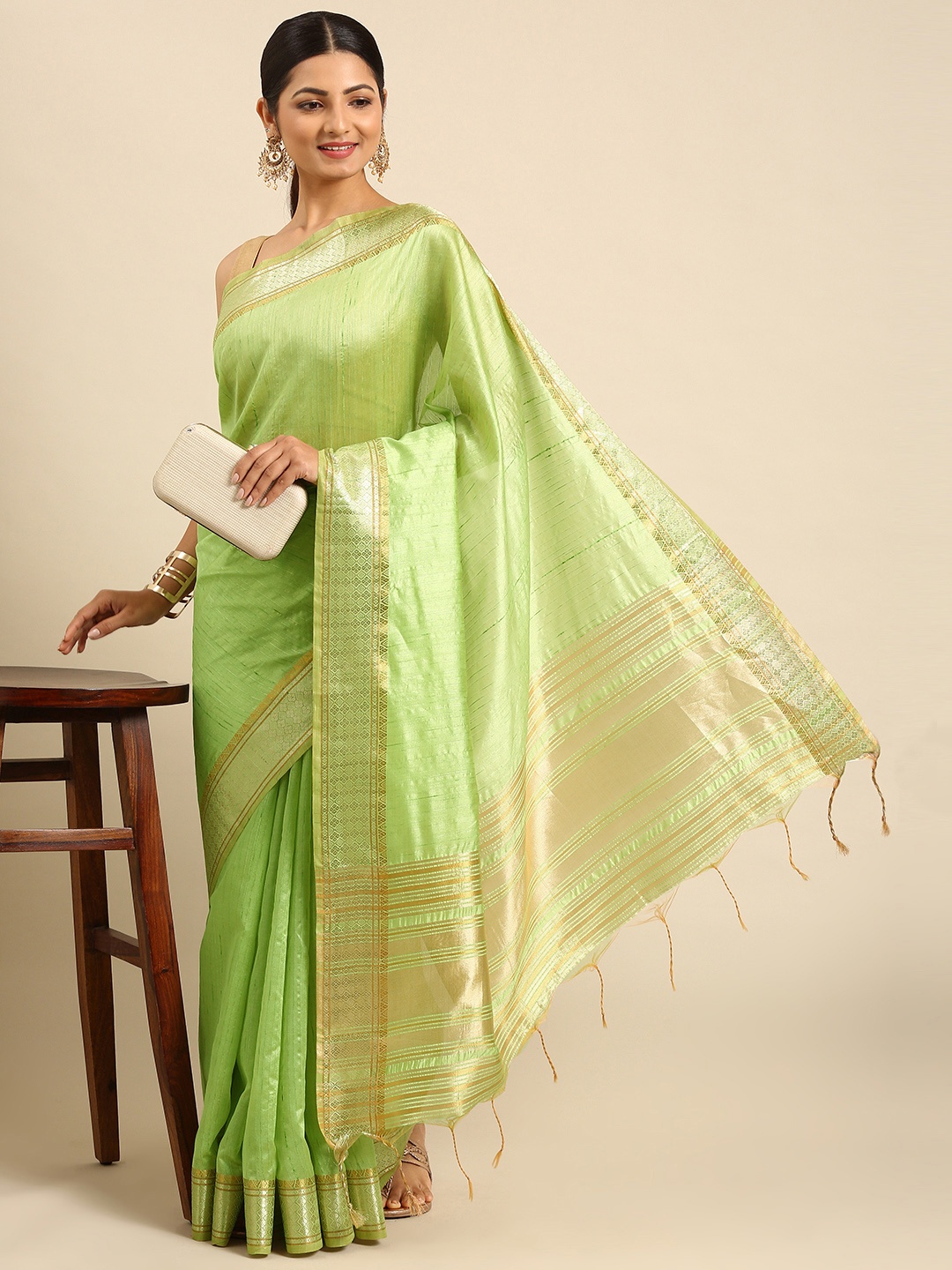 

VISHNU WEAVES Lime Green Striped Zari Silk Blend Tussar Saree