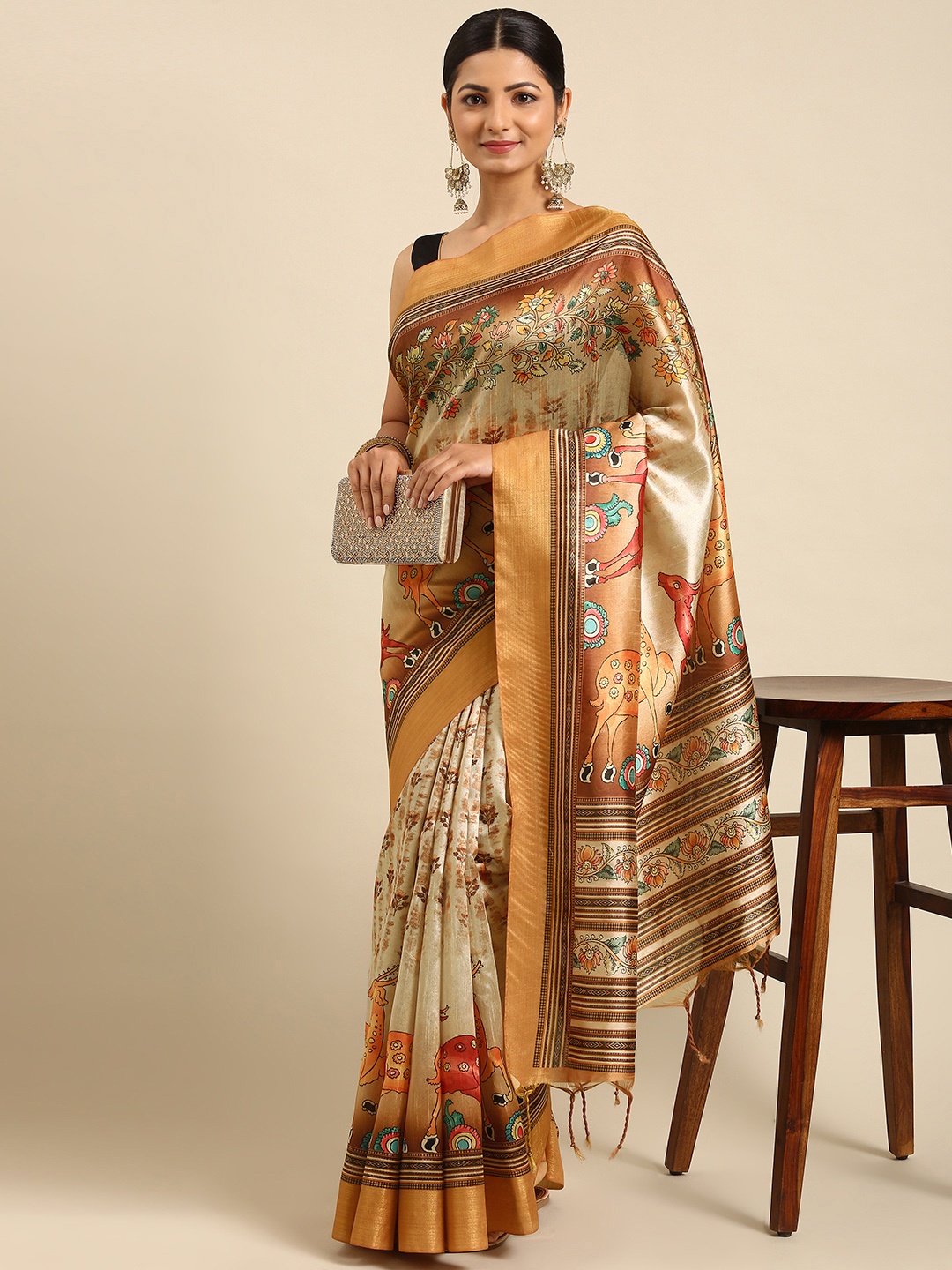 

VISHNU WEAVES Cream-Coloured & Brown Kalamkari Jute Silk Tussar Saree