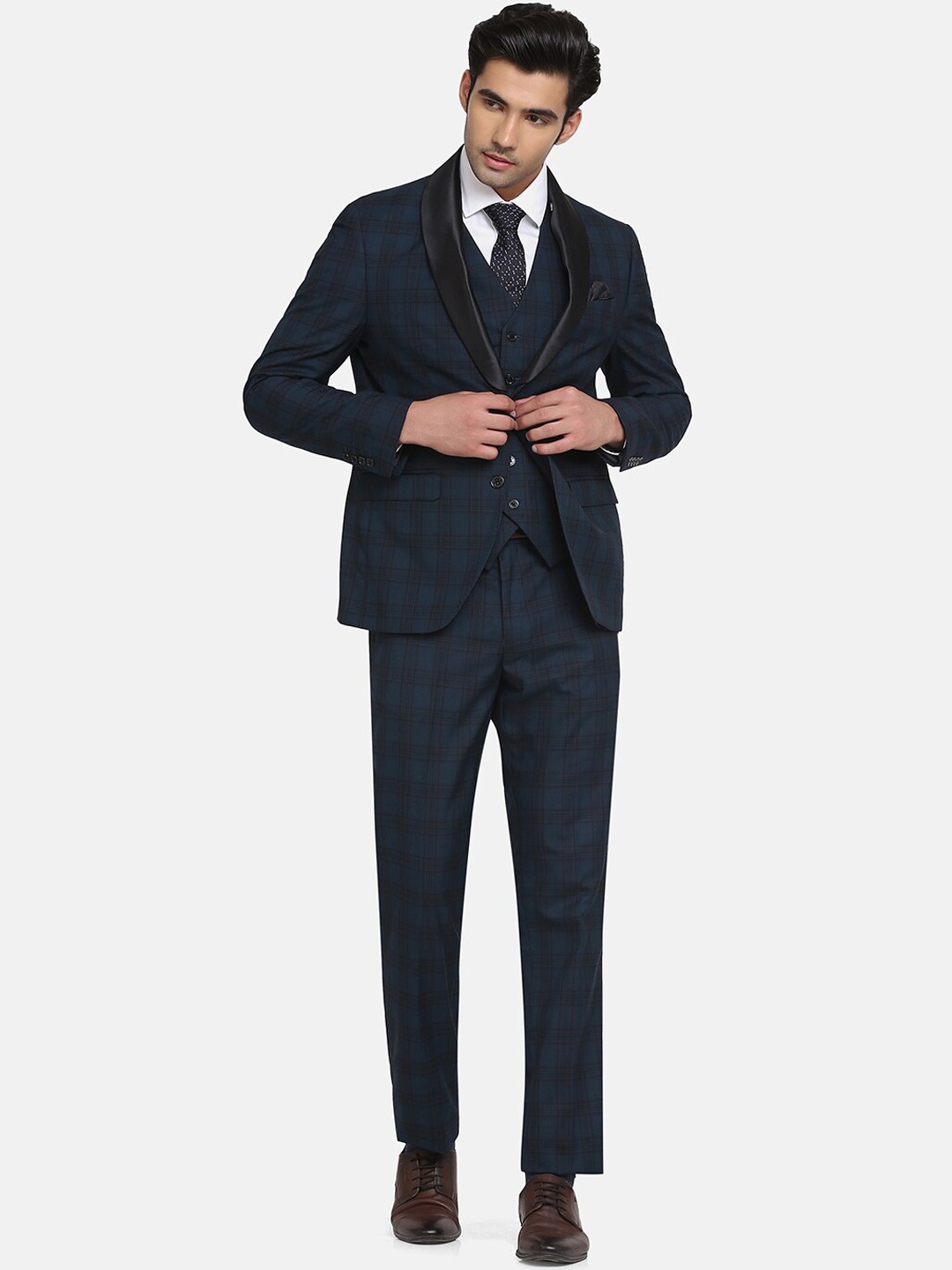 

Blackberrys Men Teal Blue Checked Single-Breasted 3-Piece Suits