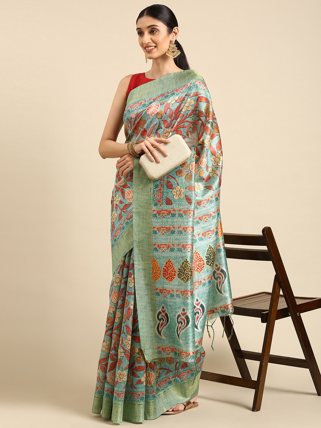 

VISHNU WEAVES Sea Green & Peach-Coloured Floral Print Jute Silk Tussar Saree