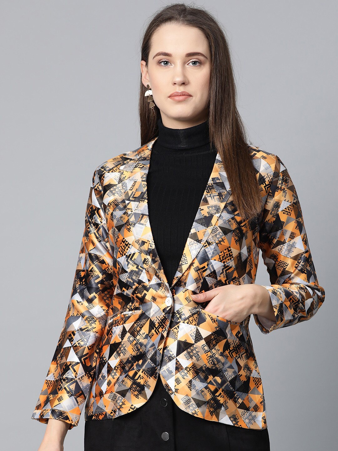 

Jompers Women Mustard Yellow & Black Single-Breasted Casual Blazer