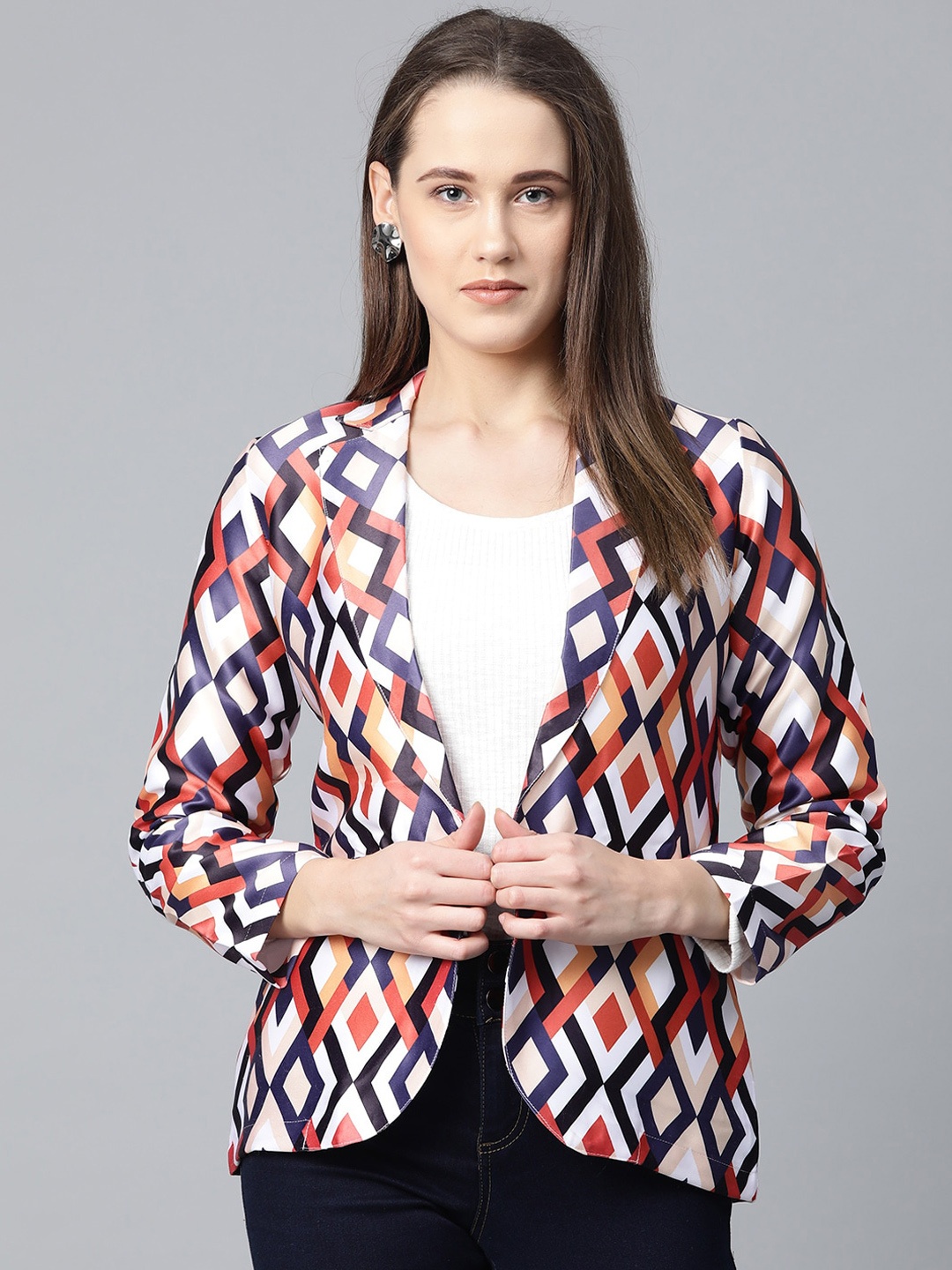 

Jompers Women White & Orange Printed Single Breasted Blazer