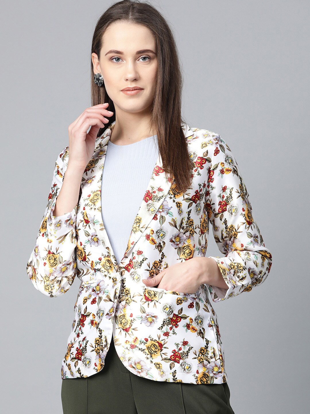 

Jompers Women White Printed Single Breasted Casual Blazer