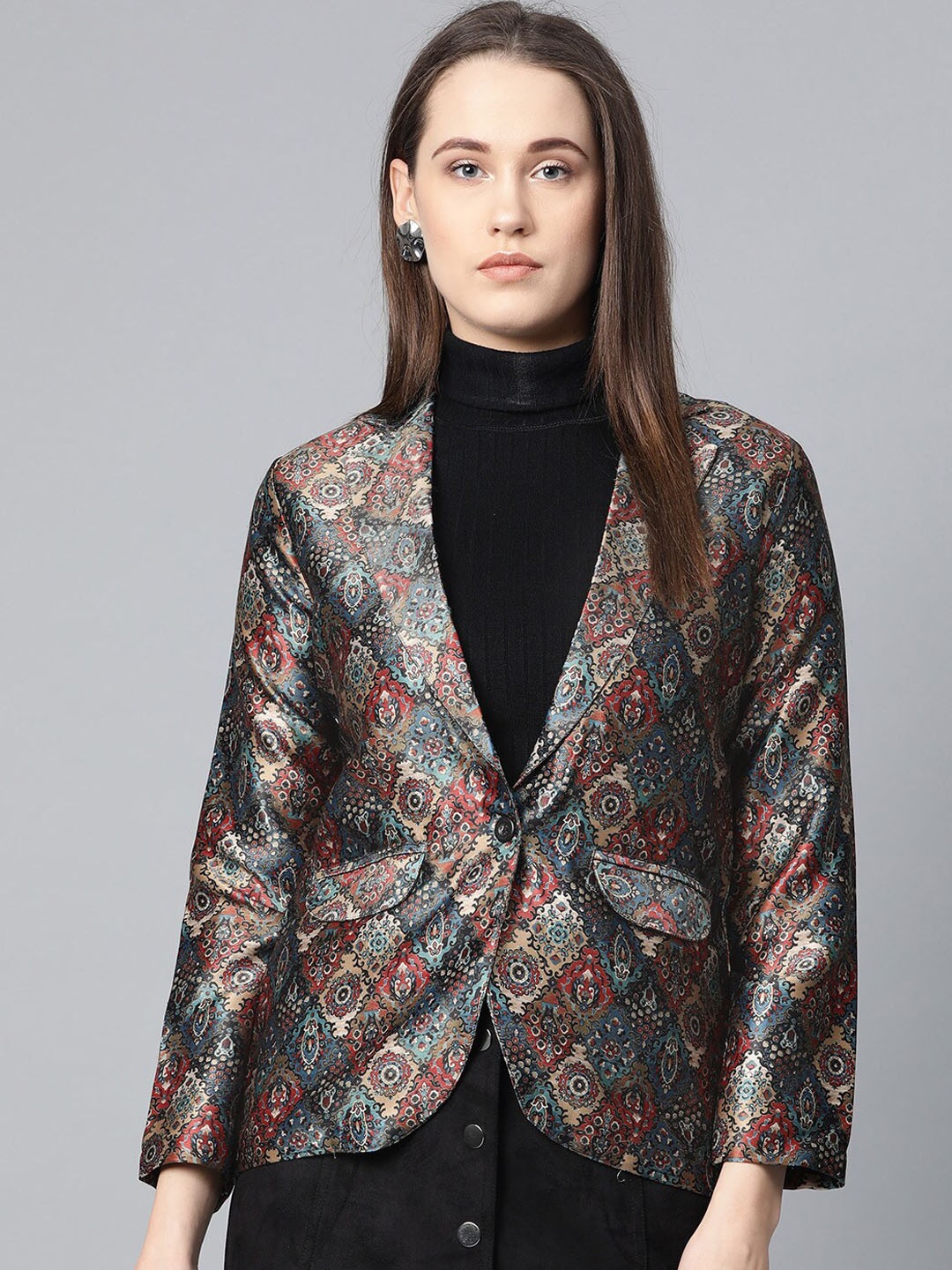 

Jompers Women Blue & Maroon Printed Single Breasted Blazer