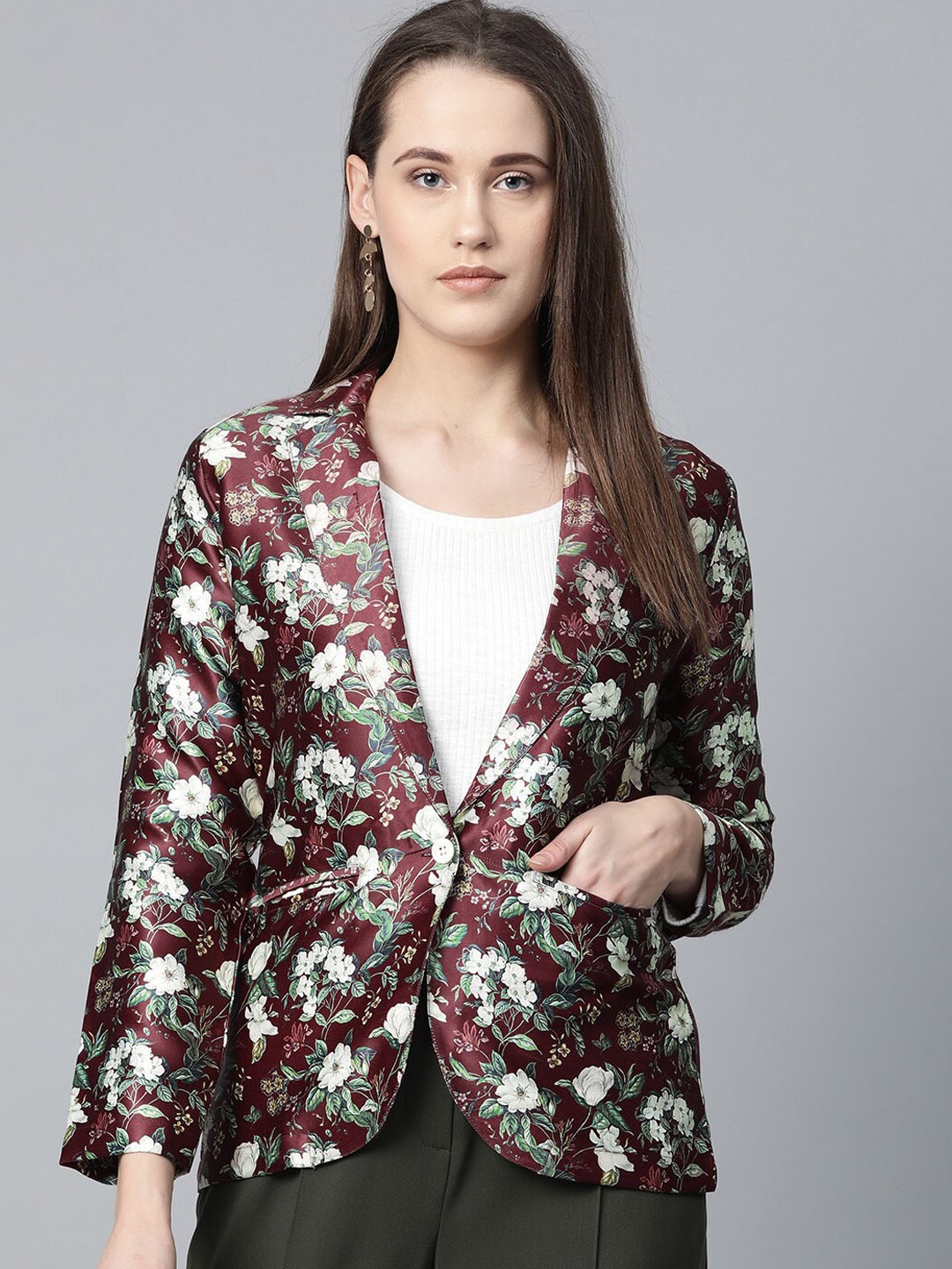 

Jompers Women Maroon Printed Pure Satin Single-Breasted Blazer