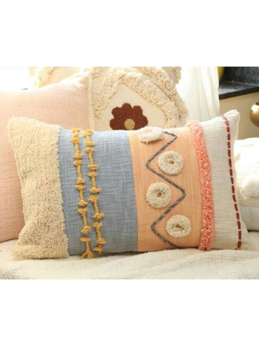 

HERE&NOW Peach-Coloured & White Rectangle Cotton Cushion Covers