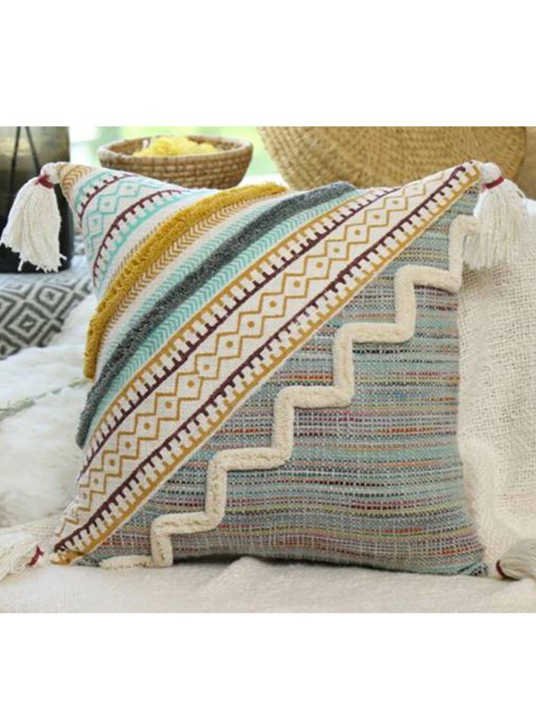 

HERE&NOW Green & Yellow Square Cotton Cushion Covers