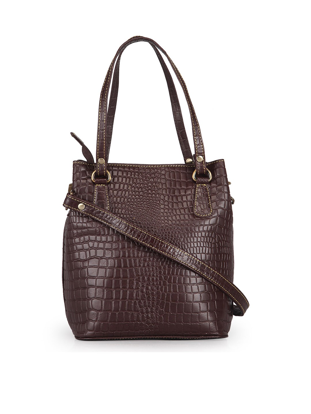 

GENWAYNE Brown Textured Leather Structured Handheld Bag