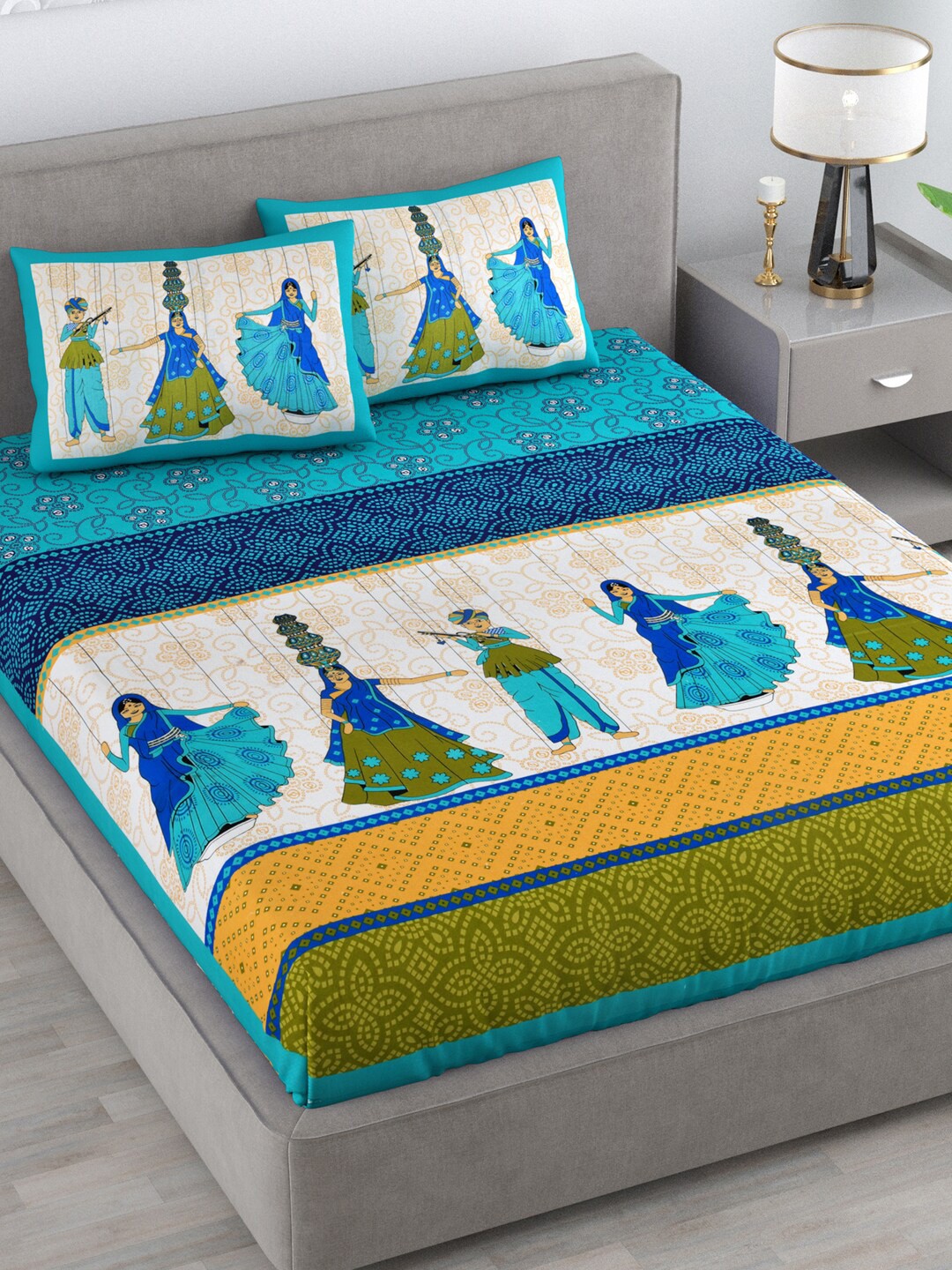 

Varde White & Blue Ethnic Motifs 120 TC Cotton Queen Bedsheet With 2 Pillow Covers