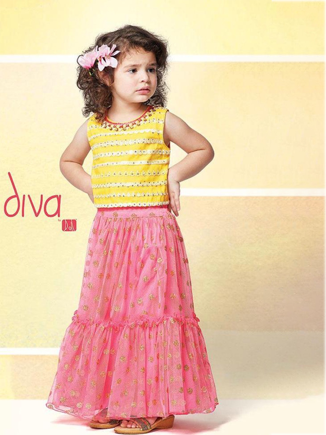 

Lil Lollipop Girls Yellow & Pink Embroidered Ready to Wear Lehenga Set