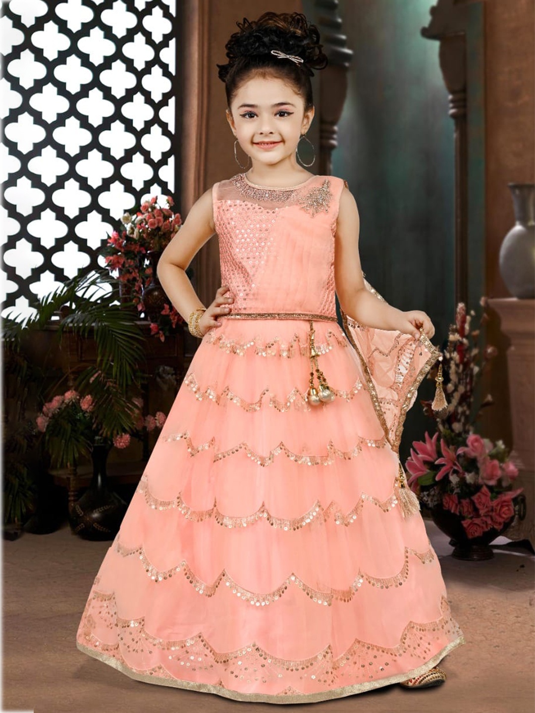 

Lil Lollipop Girls Peach-Coloured & Gold-Toned Embellished Sequinned Ready to Wear Lehenga