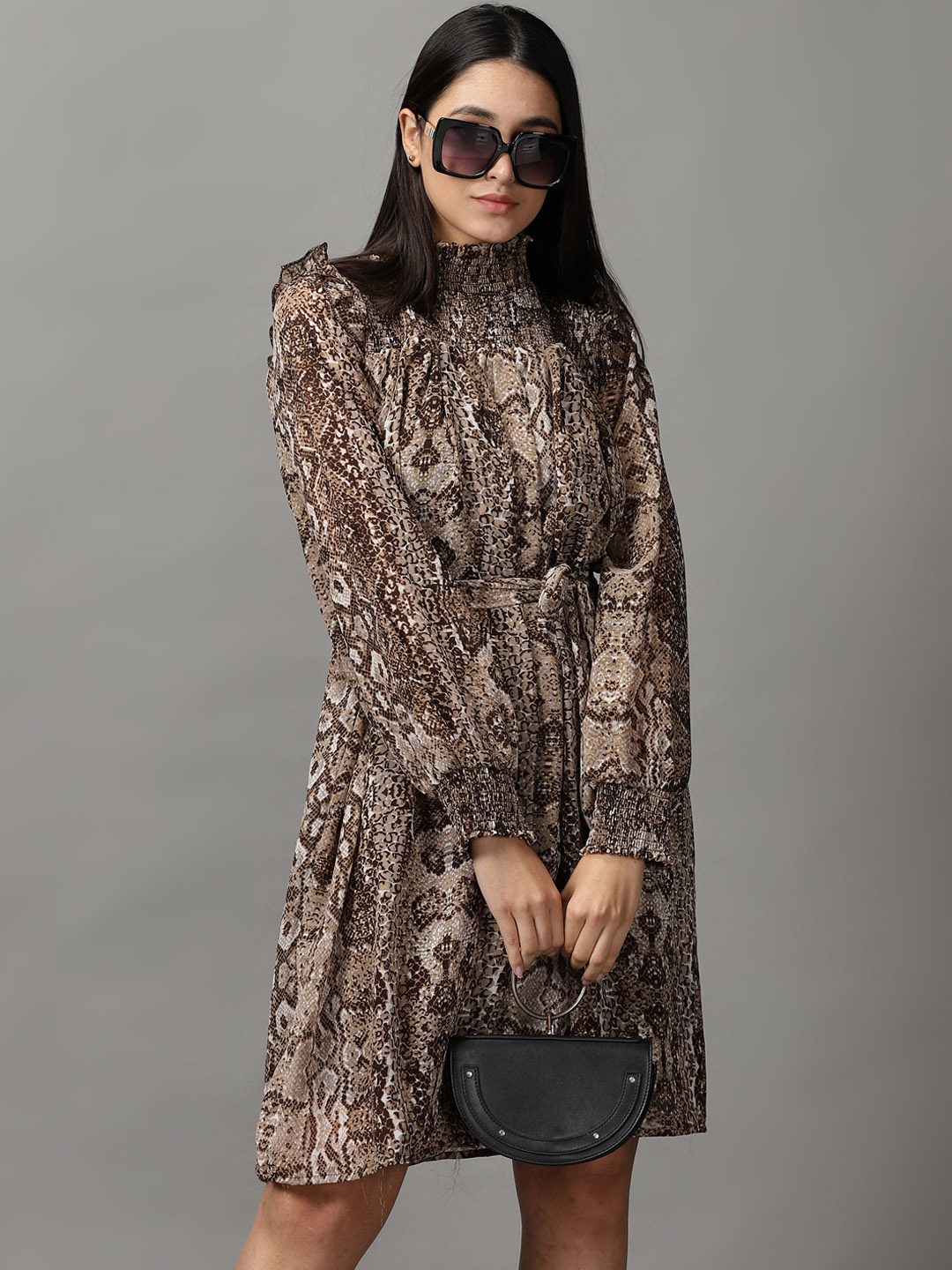 

SHOWOFF Women Beige & Brown Ethnic Motifs Georgette A-Line Dress