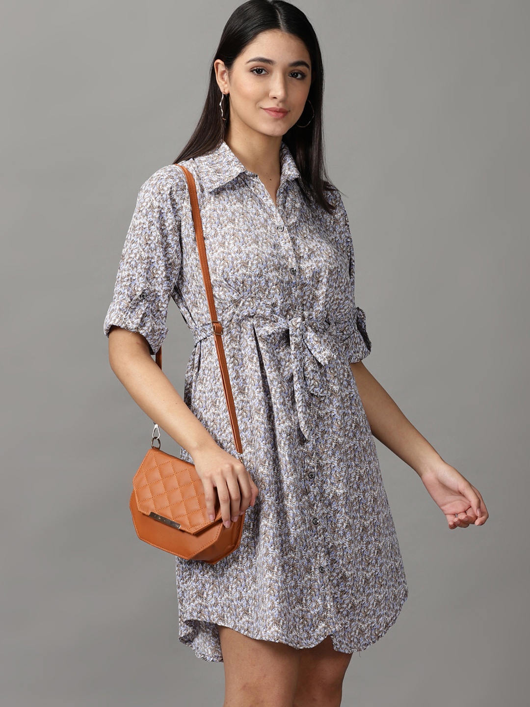 

SHOWOFF Women Taupe Floral Chiffon Shirt Dress