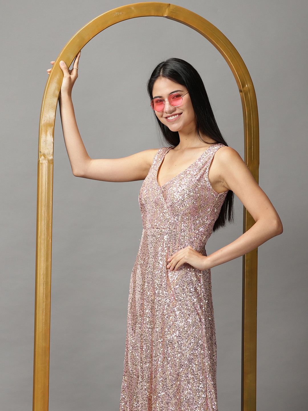 

SHOWOFF Women Pink & Beige Embellished Maxi Maxi Dress