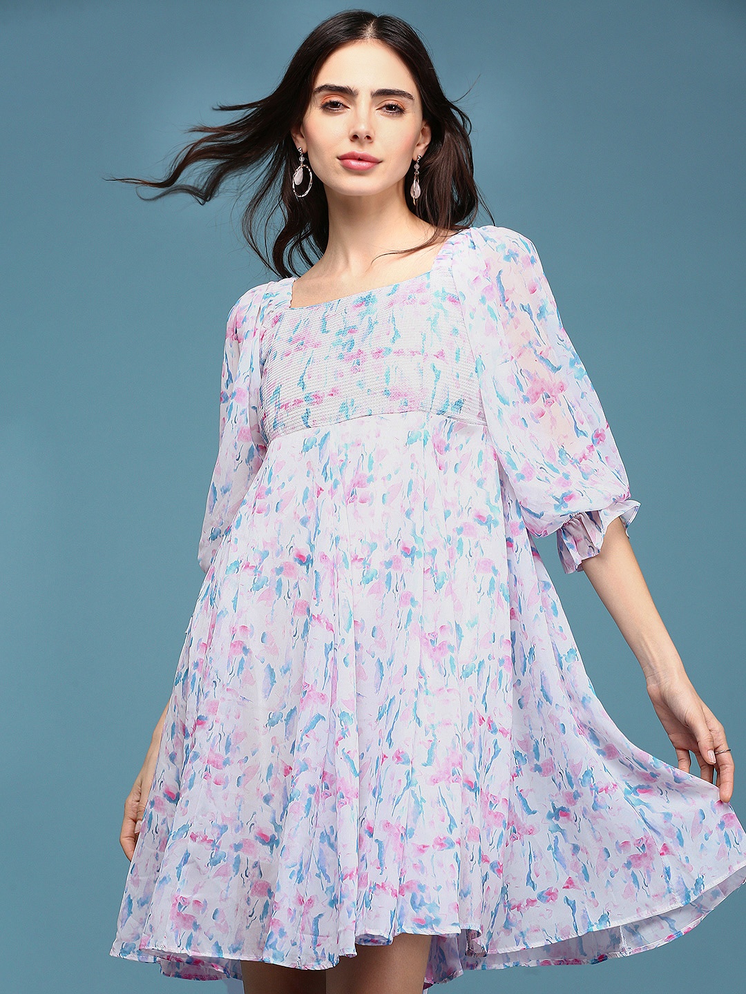 

SHOWOFF Women White & Pink Floral Chiffon Empire Dress