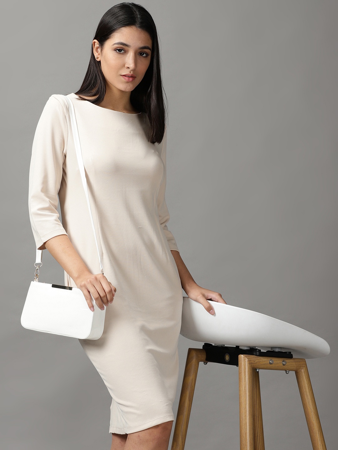 

SHOWOFF Women Cream-Coloured Solid Acrylic Bodycon Dress