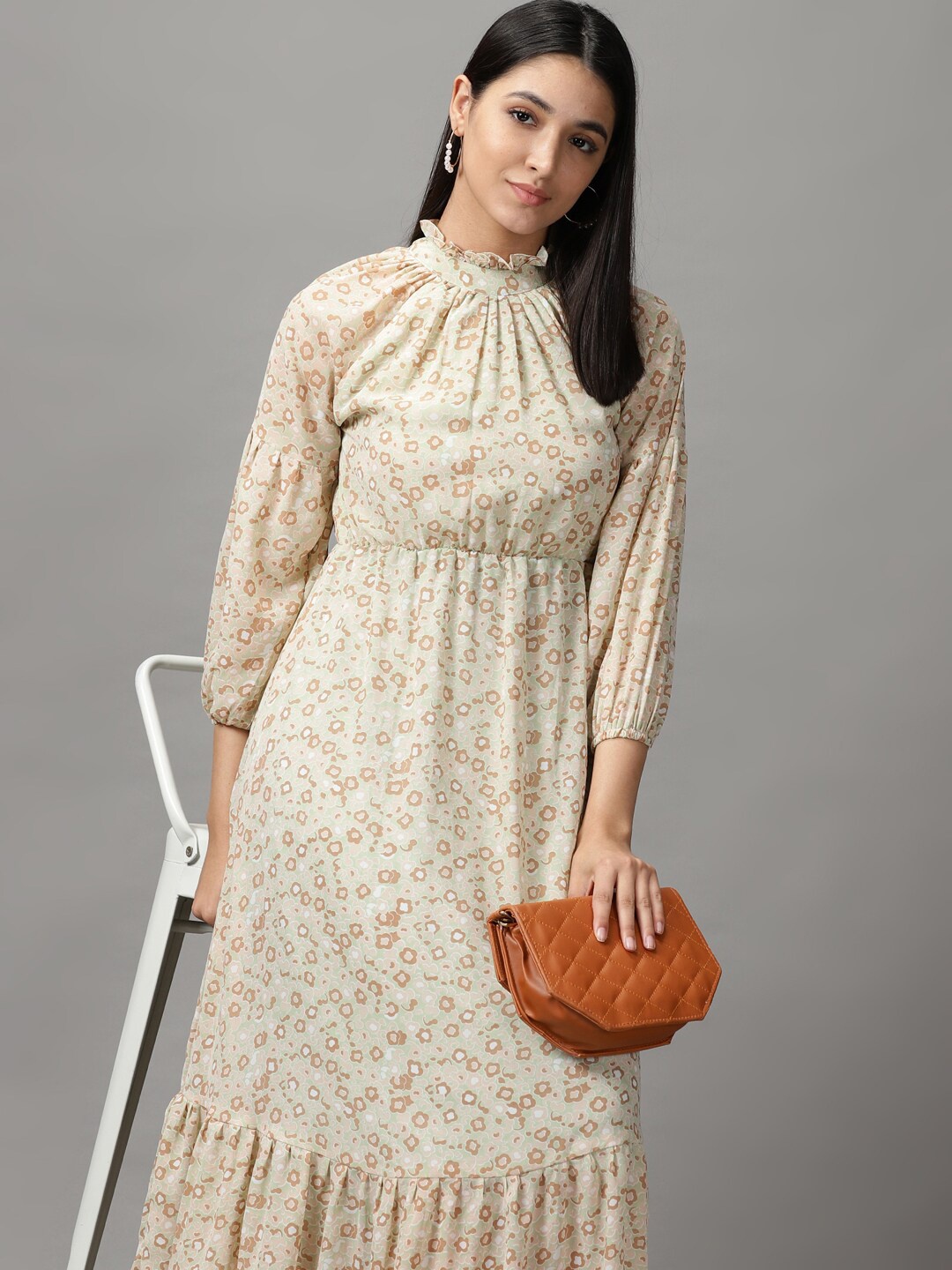

SHOWOFF Women Green & Brown Floral Chiffon Midi Dress