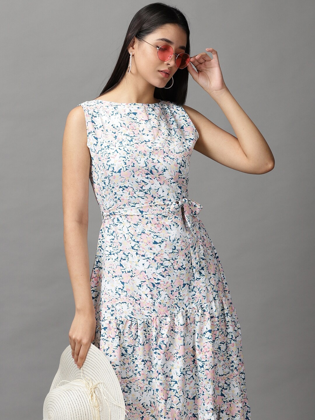 

SHOWOFF Women Blue & Peach-Coloured Floral Cotton Midi Dress