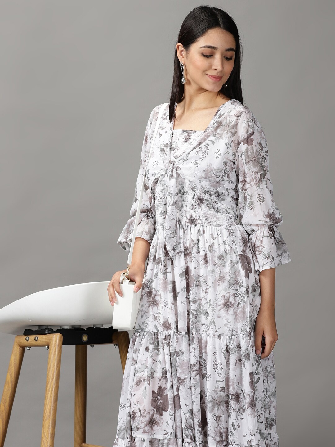 

SHOWOFF Women White & Grey Floral Chiffon Maxi Dress With Shrug